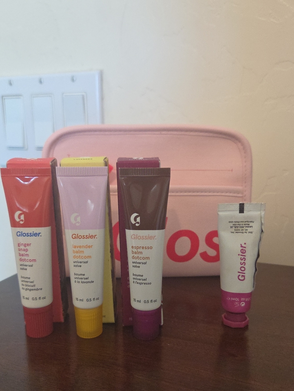Glossier Balm Dotcom Set — Ginger Snap, Lavender, Espresso Balm, Cloud Paint Haz